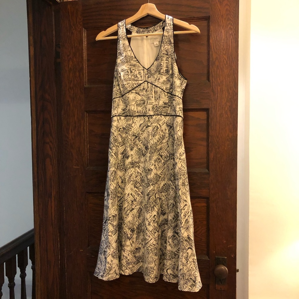 Ann Taylor LOFT Sz 8P Paris Cafe Print structured knee length a line Dress